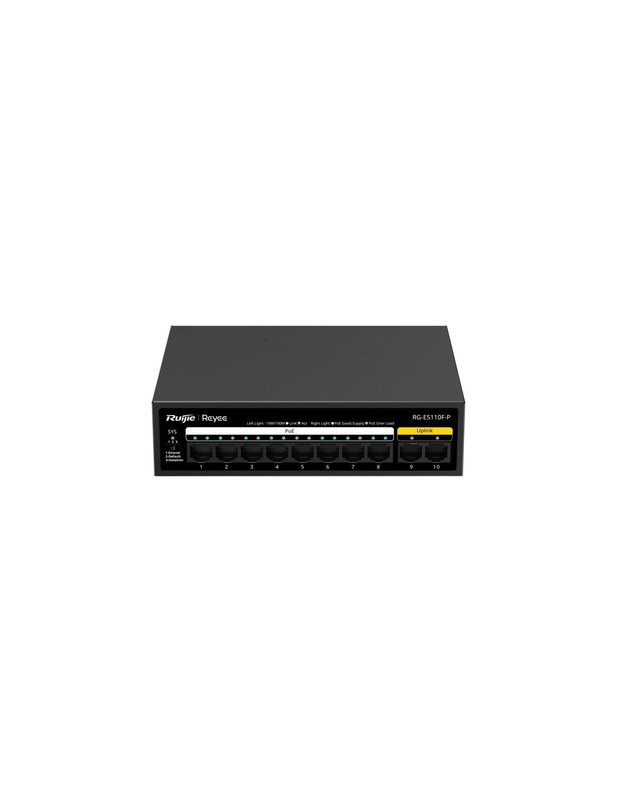 10 prievadų komutatorius Ruijie Reyee RG-ES110F-P (Nevaldomas, 8 x PoE+)