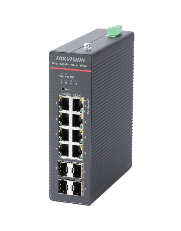 Hikvision 12 prievadų 8 PoE pramoninis valdomas komutatorius DS-3T1512HP-SI-8P4F